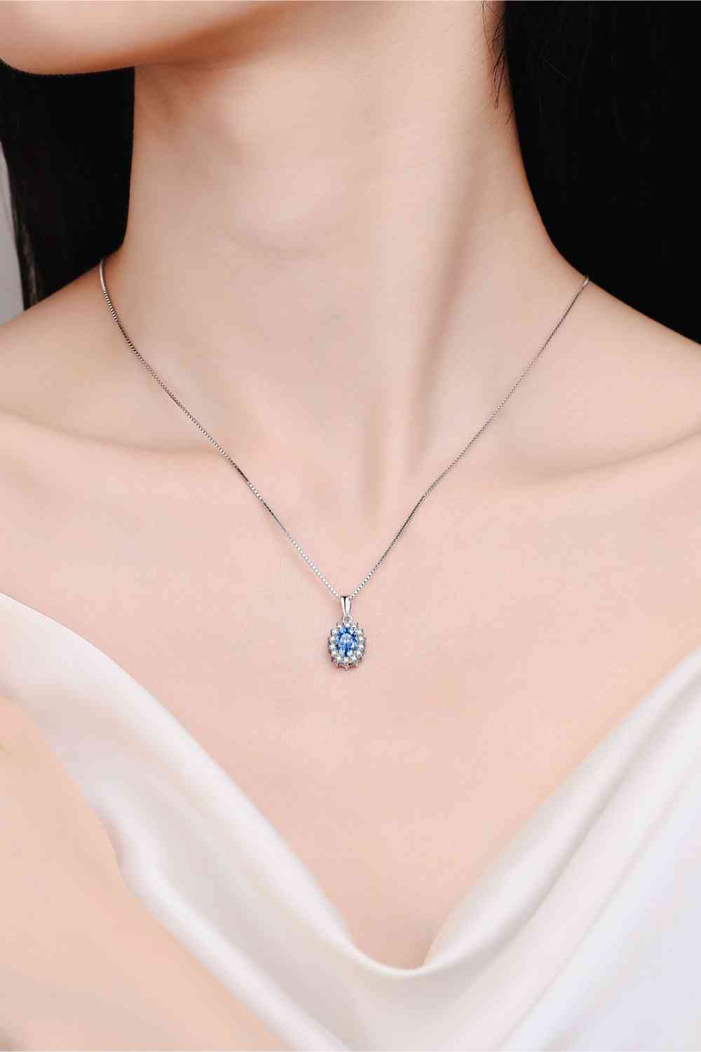 Blue Moissanite Sterling Silver Oval Charm Necklace