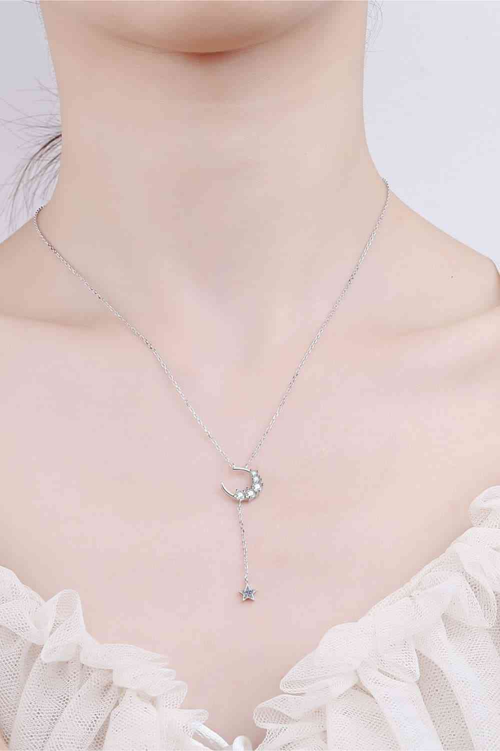 Crescent Moon with Moissanite Sterling Silver Lariat Necklace