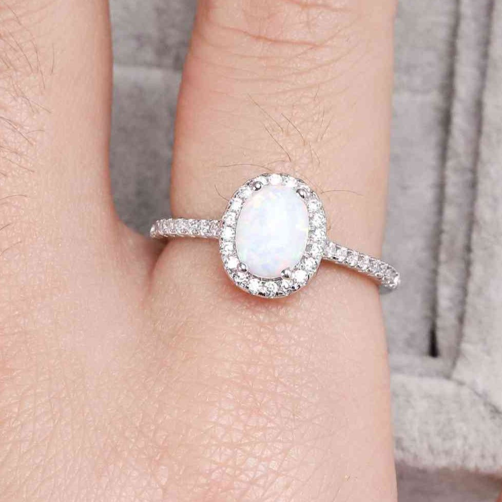 Opal Oval Sterling Silver Halo Ring