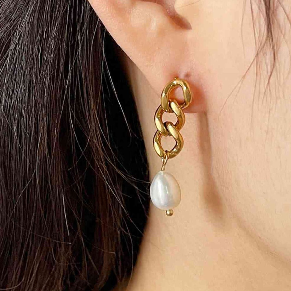 Gold Chain & Pearl Stud Dangle Earrings